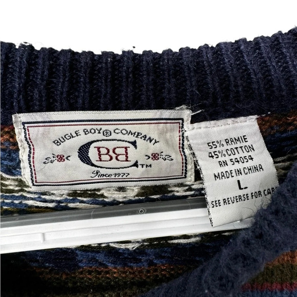 Vintage 80s 90s Bugle Boy Ramie Cotton Blend Navy Blue White Chunky Sweater L - Picture 4 of 4